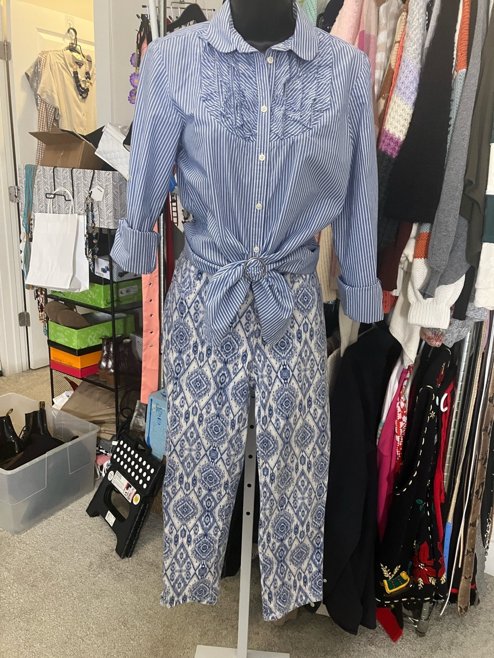 Blue Striped Tie-Front Shirt with Blue Printed Wide-Leg Pants